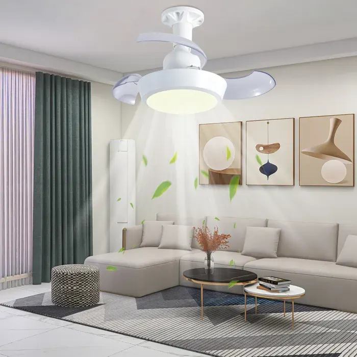 Ventilateur Plafonnier E27 Invisible 3 Pales Moteur DC Sans Balais 3 Températures 1800lm Minuterie 1/2/4H Pour Chambre Salon