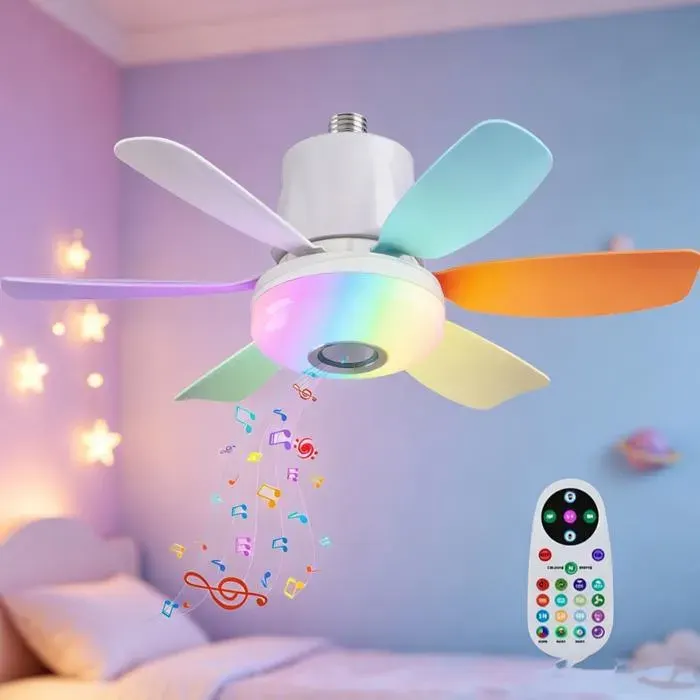 Ventilateur Plafonnier E27 RGB LED 32W Bluetooth Enceinte 4 en 1 3 Températures 3 Vitesses Minuterie 1/2/4h Chambre Salon Coloré