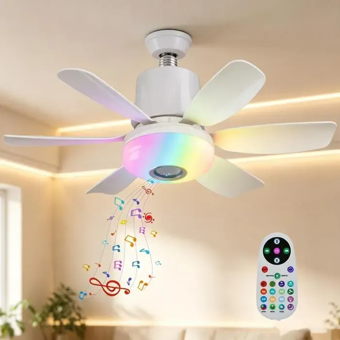 Ventilateur Plafonnier E27 RGB LED 32W Bluetooth Enceinte 4 en 1 3 Températures 3 Vitesses Minuterie 1/2/4h Chambre Salon Blanc