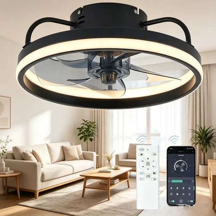 Ventilateur Plafonnier LED 3 couleurs 6 vitesses Minuterie Silencieux 33 cm 55 W 4 Feuilles Ventilateur de plafond LED noir