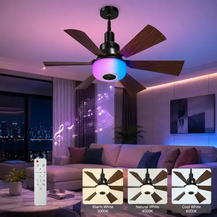 Ventilateur Plafonnier LED E27 RGB Multicolore avec Enceinte Bluetooth – 3 Vitesses 6 Hauteurs Télécommande