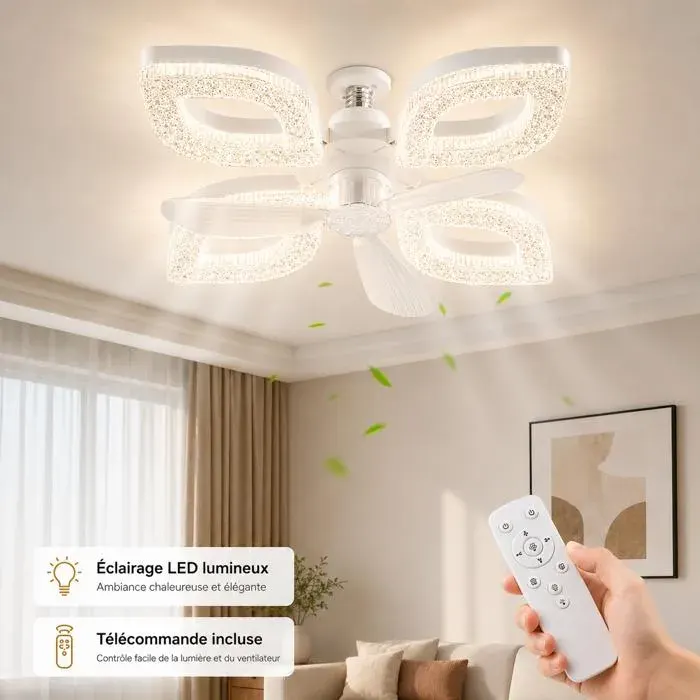 Ventilateur plafonnier LED Lampe décorative en cristal 4 têtes 3 vitesses 3 couleurs 3000K-6000K télécommande minuterie E27/B22 — coloris Blanc
