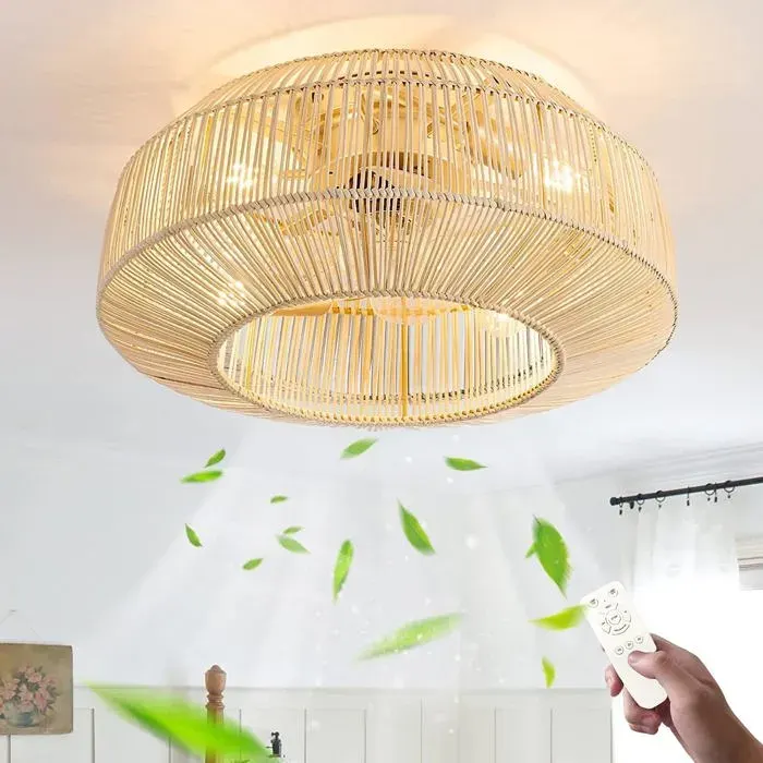 Ventilateur plafonnier LED télécommande 6 vitesses douille E27 silencieux abat-jour bambou et rotin salon chambre cuisine