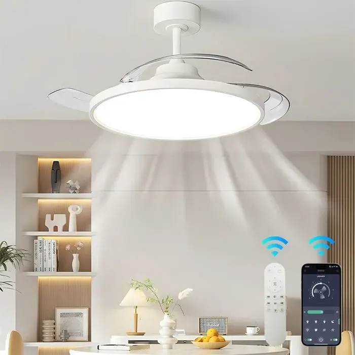 Ventilateur Plafonnier Rétractable 42 Pouces APP + Télécommande Gradation Continue Mémoire Lumière 6 Vitesses Moteur Réversible