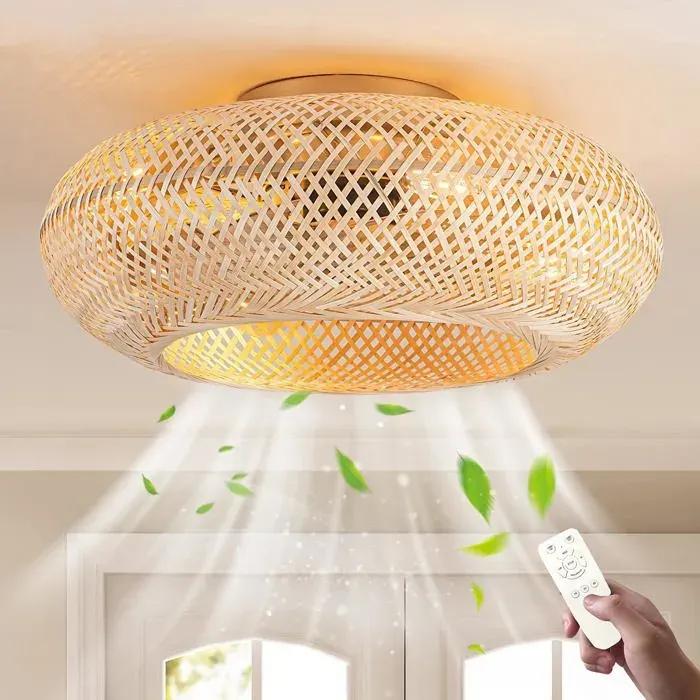 Ventilateur plafonnier rétro bambou et rotin naturel - 4 douilles E27 - 50 cm - 6 vitesses - lumière avec télécommande - silencieux