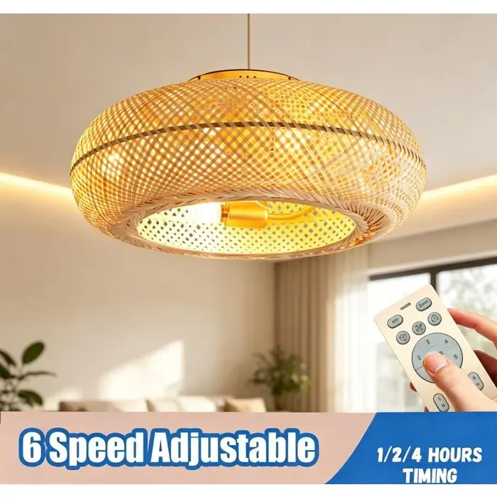 Ventilateur Plafonnier Rotin Bambou Ventilateur de plafond Vintage Cage Oiseau 6 Vitesses Minuterie 1/2/4h Invisible 50W