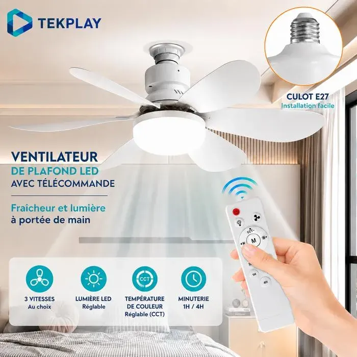 Ventilateur Plafonnier TEKPLAY LED à visser culot E27 42 cm Télécommande – 6 Pales – 3 Vitesses – Intensité Réglable