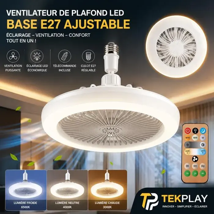 Ventilateur plafonnier TEKPLAY LED à visser E27 - 25 cm contrôle minuterie télécommande