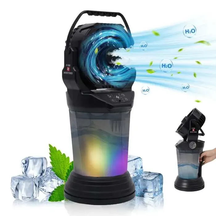 Ventilateur portable 15 000 mAh éclairage RGB 4 vitesses de ventilation 4 modes de brumisation réservoir de 2 litres noir