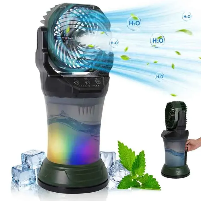 Ventilateur portable 15 000 mAh réservoir de 2 litres éclairage RGB 4 vitesses de ventilation 4 modes de brumisation vert