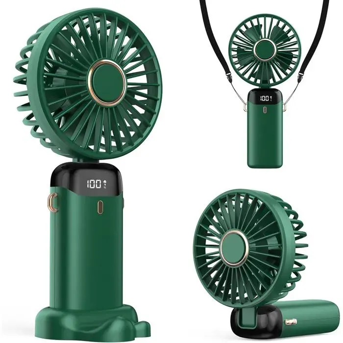 Ventilateur Portable 4200mAh USB avec Écran LED 3-en-1 Main/Cou/Bureau Pliable et Inclinable à 90°Idéal(Vert)
