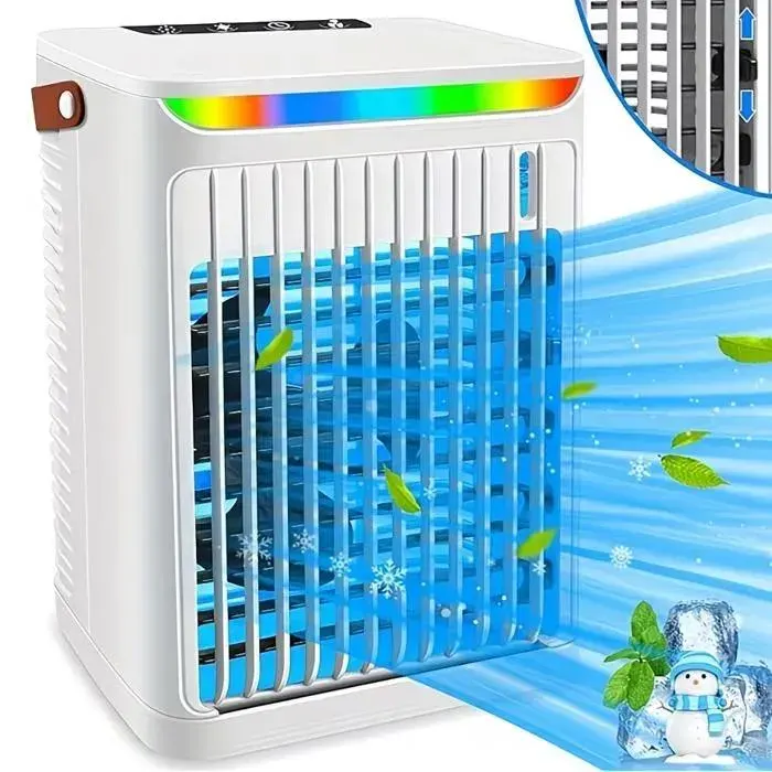 VENTILATEUR portable 5-en-1 : ventilo . évap. humidif. 3 vit. rotation timer 7 LED. Idéal maison/bureau.blanc