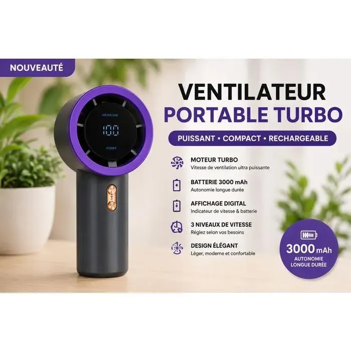 Ventilateur portable à main - LE BAZAR DE GAËLLE 34 - T11 - Moteur turbo - 199 vitesses - Batterie 3000 mAh