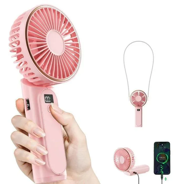 Ventilateur Portable à Main Mini Ventilateur Pliable 180° 6 Vitesses Affichage LCD Ultra Silencieux 3600mAh Avec Lanière Rose