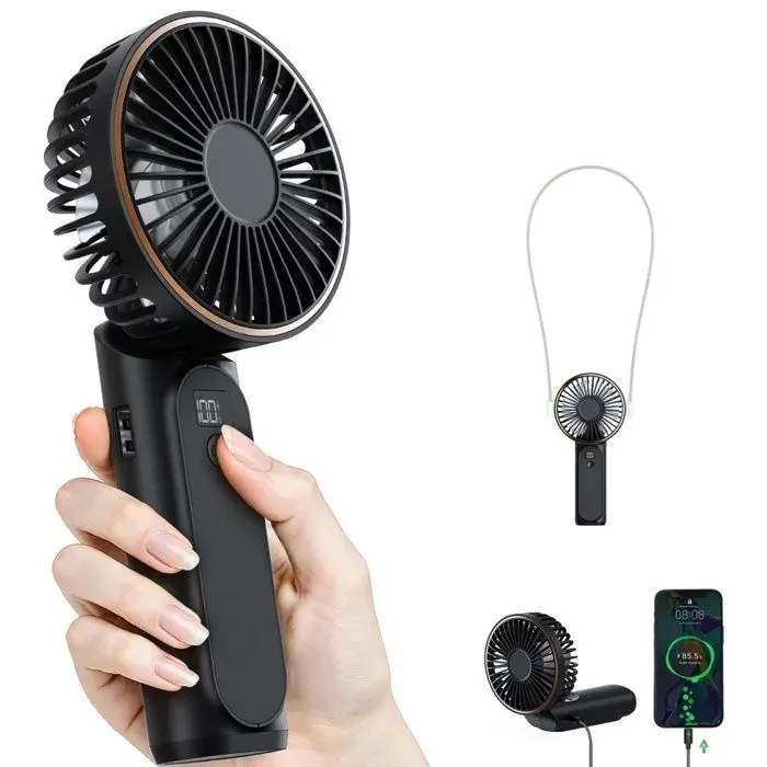 Ventilateur Portable à Main Mini Ventilateur Pliable 180° 6 Vitesses Affichage LCD Ultra Silencieux 3600mAh Avec Lanière
