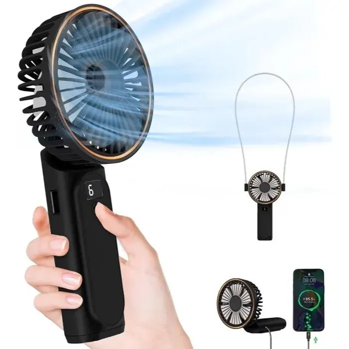Ventilateur Portable à Main Mini Ventilateur Pliable 180° 6 Vitesses Affichage LCD Ultra Silencieux 4000mAh Noir