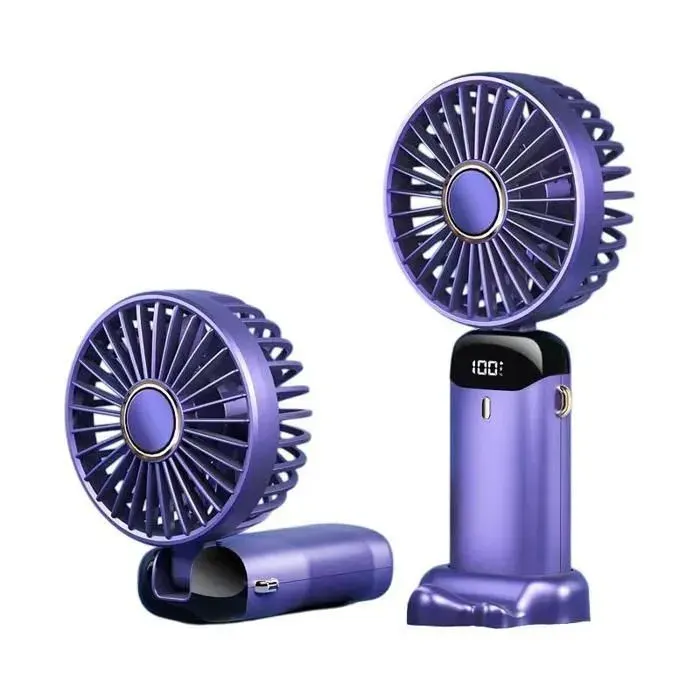 Ventilateur Portable à Main Rechargeable - 5 Vitesses - Tête Pivotante 90° - Écran LED - avec Lanière et Socle - Violet