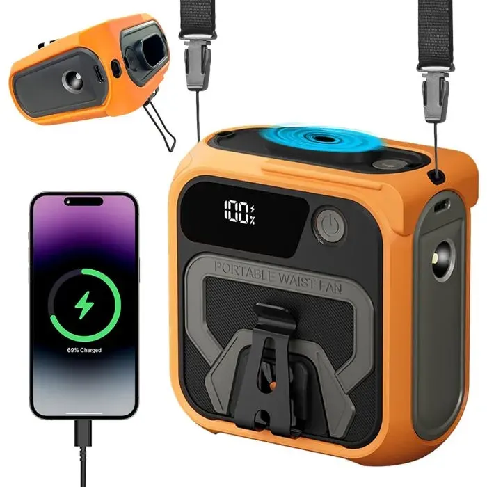 Ventilateur Portable à Pince de Taille 10000mAh avec 5 Vitesses Rechargeable Mains Libres pour La Ceinture Camping (Orange)