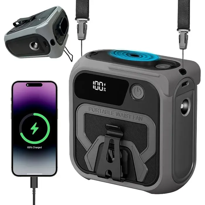 Ventilateur Portable à Pince de Taille 10000mAh avec 5 Vitesses Rechargeable Mains Libres pour La Ceinture Camping (Vert)
