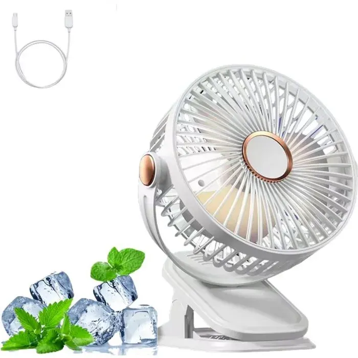Ventilateur portable à pince ventilateur de camping 5 vitesses port USB avec veilleuse blanc 1200 Ah