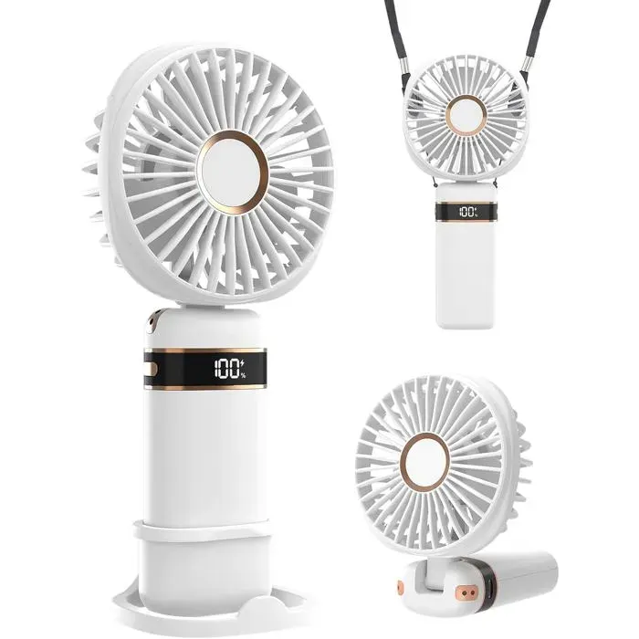 Ventilateur portable avec base 5 vitesses réglables rechargeable par USB alimenté par batterie pour femmes filles (blanc)