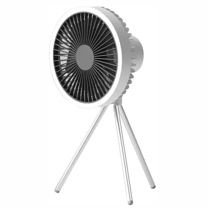 Ventilateur portable blanc avec lumière LED crochet et trépied 3 vitesses batterie rechargeable 10000 mAh