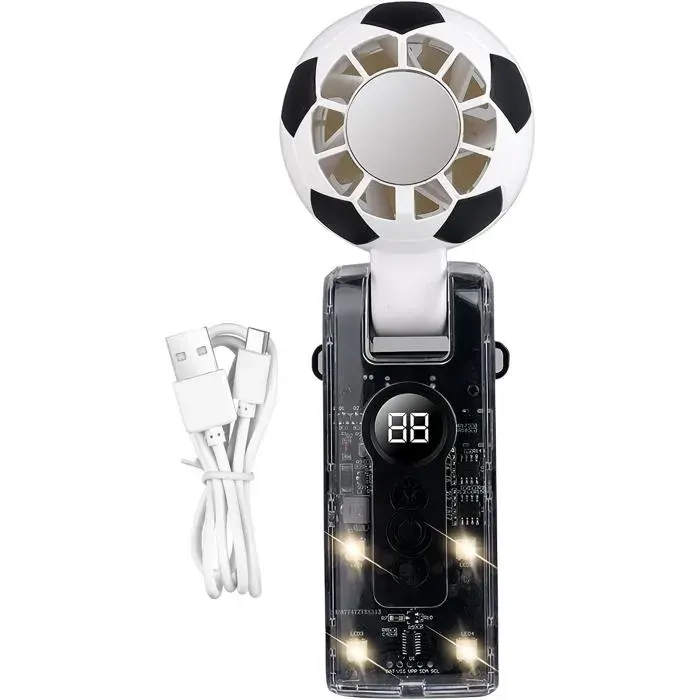 Ventilateur portable–Design ballon de football–Écran LEDBatterie de 3 600 mAhTYPE-Cà 5 vitesses camping et plage – Noir/blanc