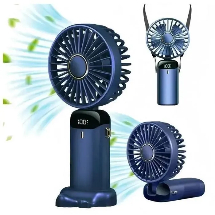 Ventilateur portable - EAUN - Modèle 4000mAh - Écran LED - 5 vitesses - Rechargeable USB — coloris Bleu