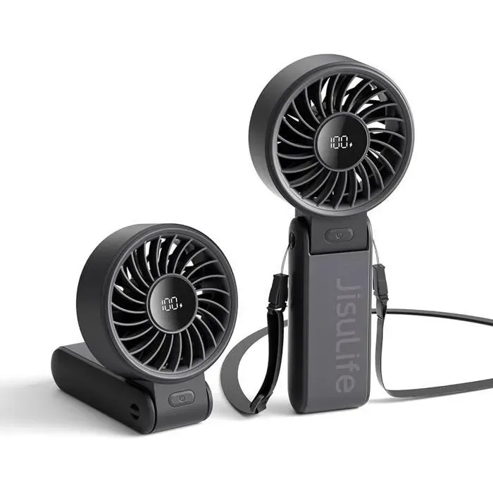 Ventilateur portable JISULIFE 5000 mAh 195 h–Éventail 3-EN-1 Main/Bureau/Cou–Noir
