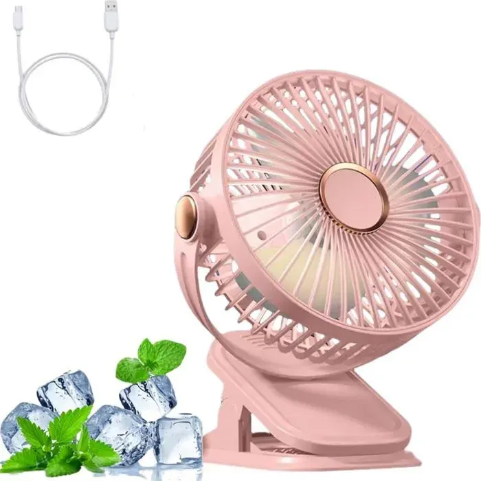 Ventilateur portable multifonction à clip ventilateur de camping 5 vitesses port USB avec veilleuse rose 1200 Ah