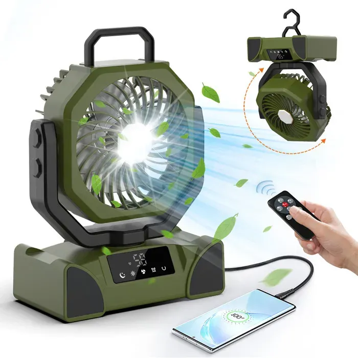 Ventilateur portable rechargeable 20 000 mAh - 5 vitesses USB silencieux avec lumière LED télécommande et crochet vert