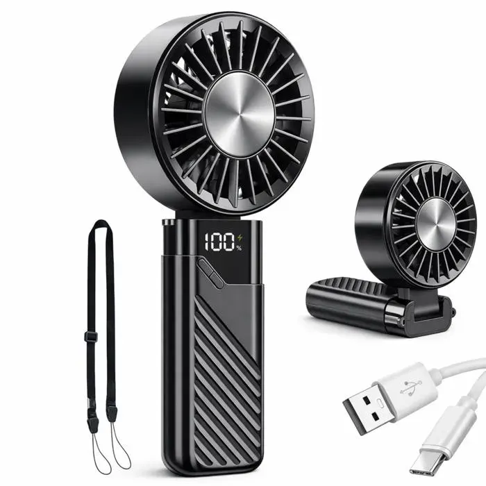 Ventilateur Portable Rechargeable 3en1 USB-C Ventilateur de Poche Pliable Tour de Cou 4 Vitesses Affichage Batterie Phonillico®