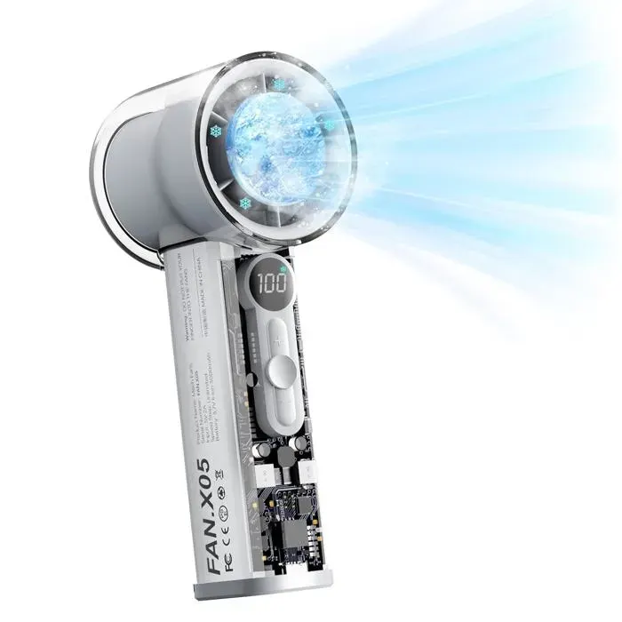 Ventilateur portable rechargeable à main – Vitesse 1-100 refroidissement glacé écran LED – Voyage/Camping/Extérieur – Blanc