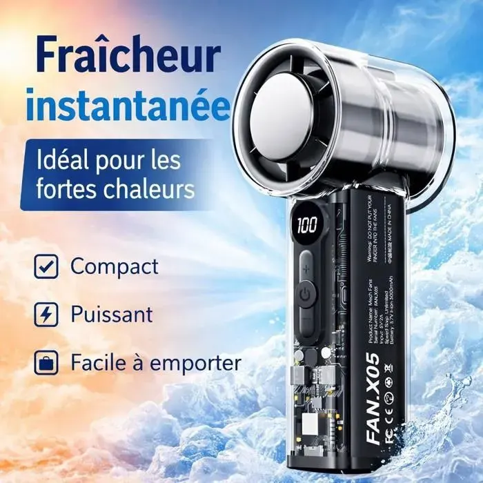 Ventilateur portable rechargeable avec fonction refroidissante écran digital 3 vitesses transparent – Noir