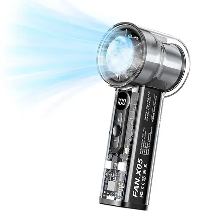 Ventilateur portable rechargeable avec refroidissement écran digital 3 vitesses transparent – Noir