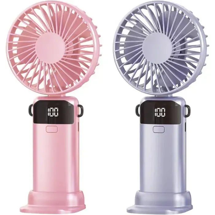 Ventilateur portable rechargeable - Belle commode - 5 vitesses - Affichage LED - 3 en 1: main cou bureau