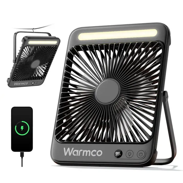Ventilateur Portable Rechargeable Camping Warmco 20000mAh USB Rechargeable avec LED Ultra-Fin Silencieux Bureau Noir
