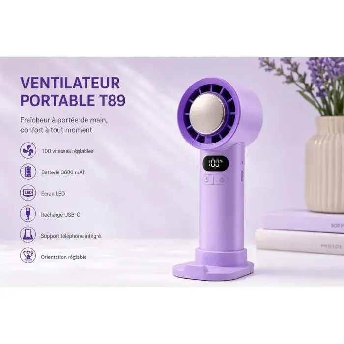 Ventilateur portable rechargeable - LE BAZAR DE GAËLLE 34 - Mini ventilateur à main Turbo réglable - 3600mAh - USB‑C - Design 3‑en‑1