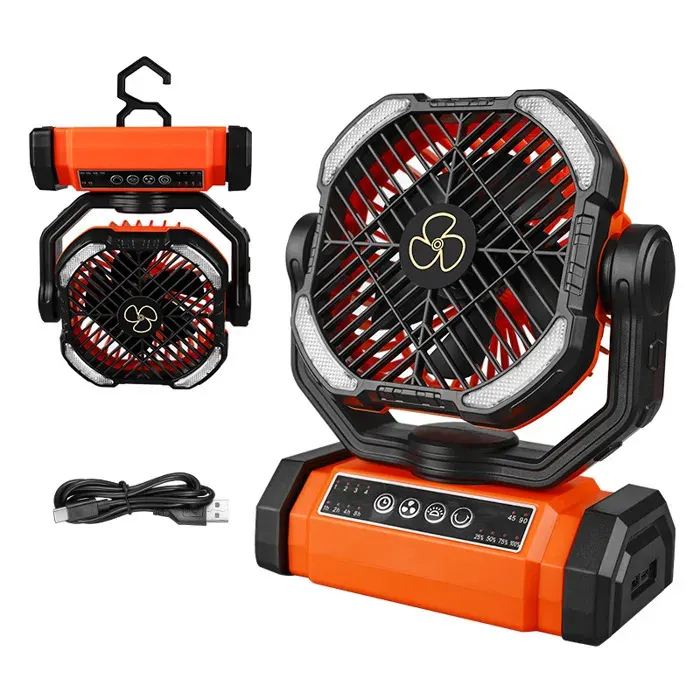 Ventilateur portable rechargeable oscillation à 90° rotation à 270° grand ventilateur à piles avec lampe LED et crochet.