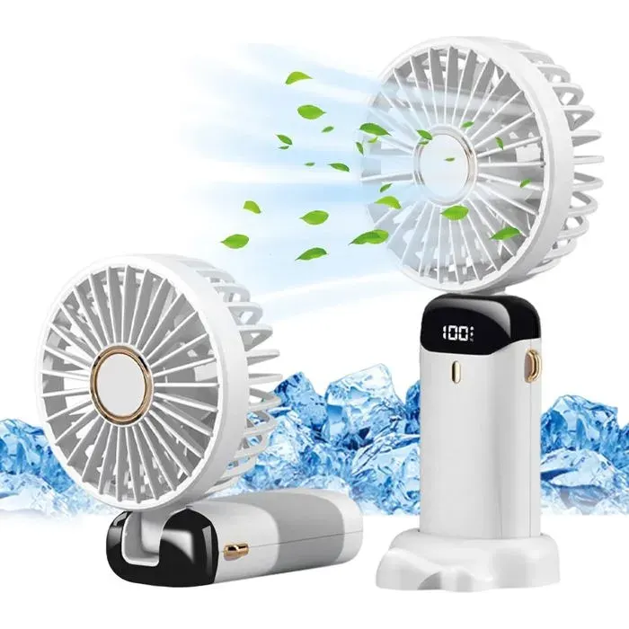 Ventilateur portable rechargeable par USB — Mini-ventilateur de bureau pliable à 5 vitesses (avec écran LED) — Blanc — coloris Blanche
