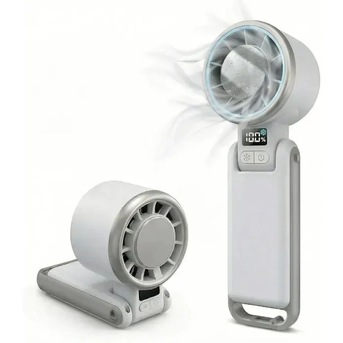 Ventilateur portable rechargeable turbo personnel avec plaque de refroidissement à glace et écran numérique 5 vitesses Blanc