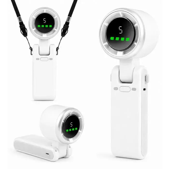 Ventilateur portable - TECHTA - Turbo - Batterie 3600mAh - 5 vitesses - Pliable 180° — coloris Blanc