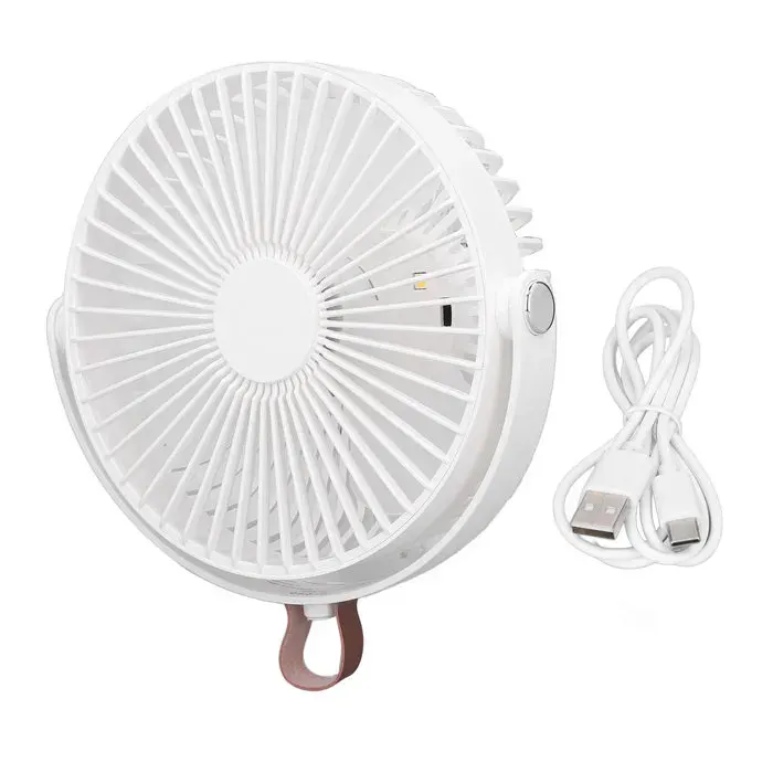 Ventilateur portable USB rechargeable – 3 vitesses réglage 360° lampe LED – pour camping et dortoir – Blanc