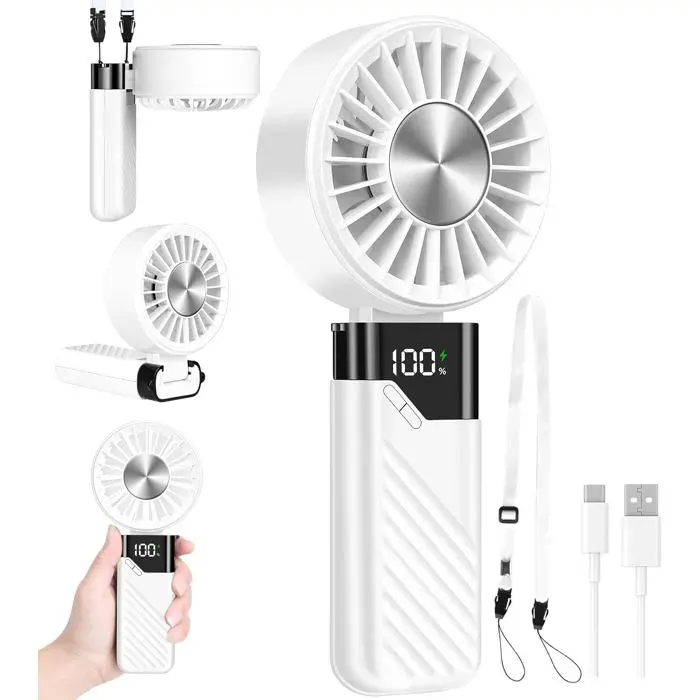 Ventilateur Portable USB Rechargeable 4000 mAh Mini Ventilateur à Main 5 Vitesses pour Bureau Voyage et Camping Blanc