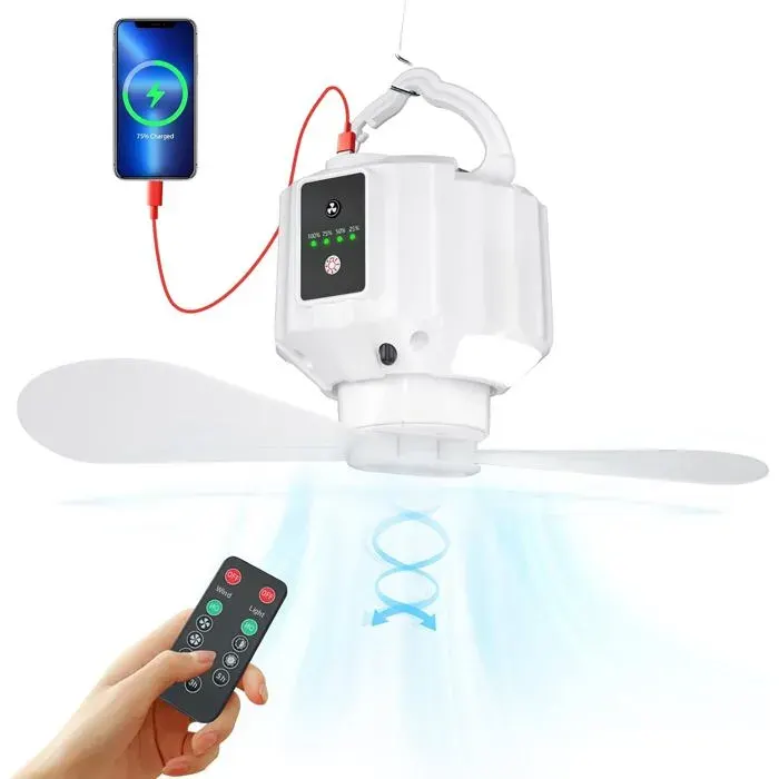 Ventilateur portable - XVX - Camping LED rechargeable - 3 vitesses - Télécommande - Pales amovibles