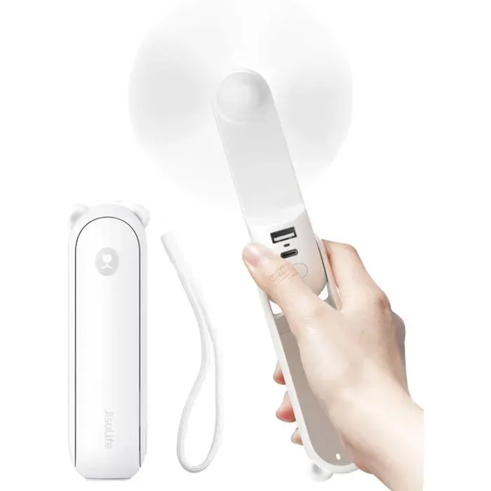 Ventilateur portatif 4500 mAh autonomie max 46h. Ventilateur de poche pliable alimenté par piles ou USB – blanc.