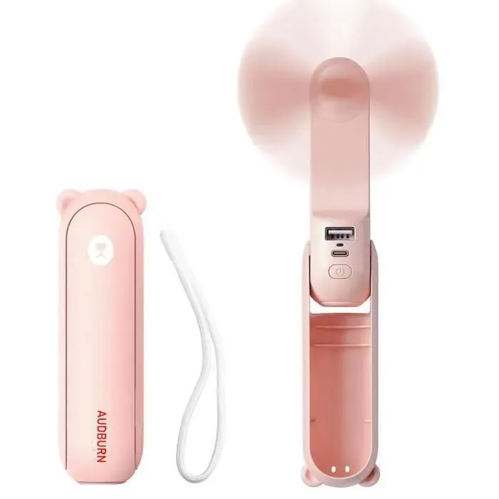 Ventilateur portatif - AUDBURN - 3 en 1 - Rechargeable par USB - Couleur rose - Compact