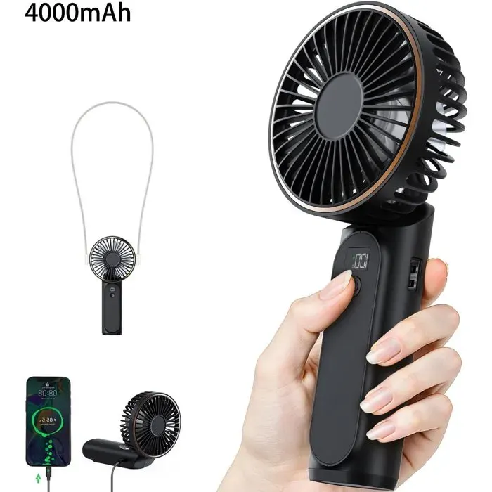 Ventilateur Portatif Pliable 180° 6 Vitesses Affichage LCD Ultra Silencieux 4000mAh Format de Poche Avec Lanière Noir