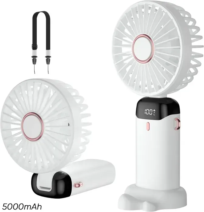 Ventilateur Portatif Rechargeable USB avec Batterie 5000mAh Ventilateur 5 Vitesses Avec Base Blanc