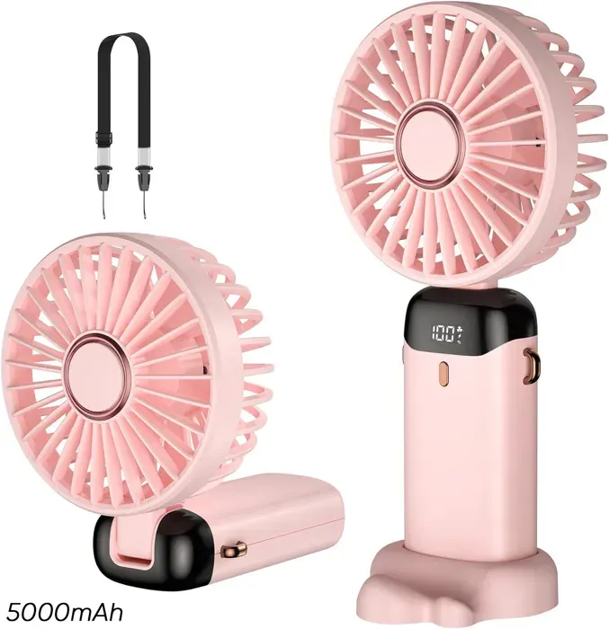 Ventilateur Portatif Rechargeable USB avec Batterie 5000mAh Ventilateur 5 Vitesses Avec Base Rose